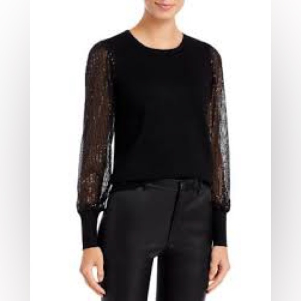 Plus size Tahari Black Knit Sweater with Sheer Lace Sleeves 2XL